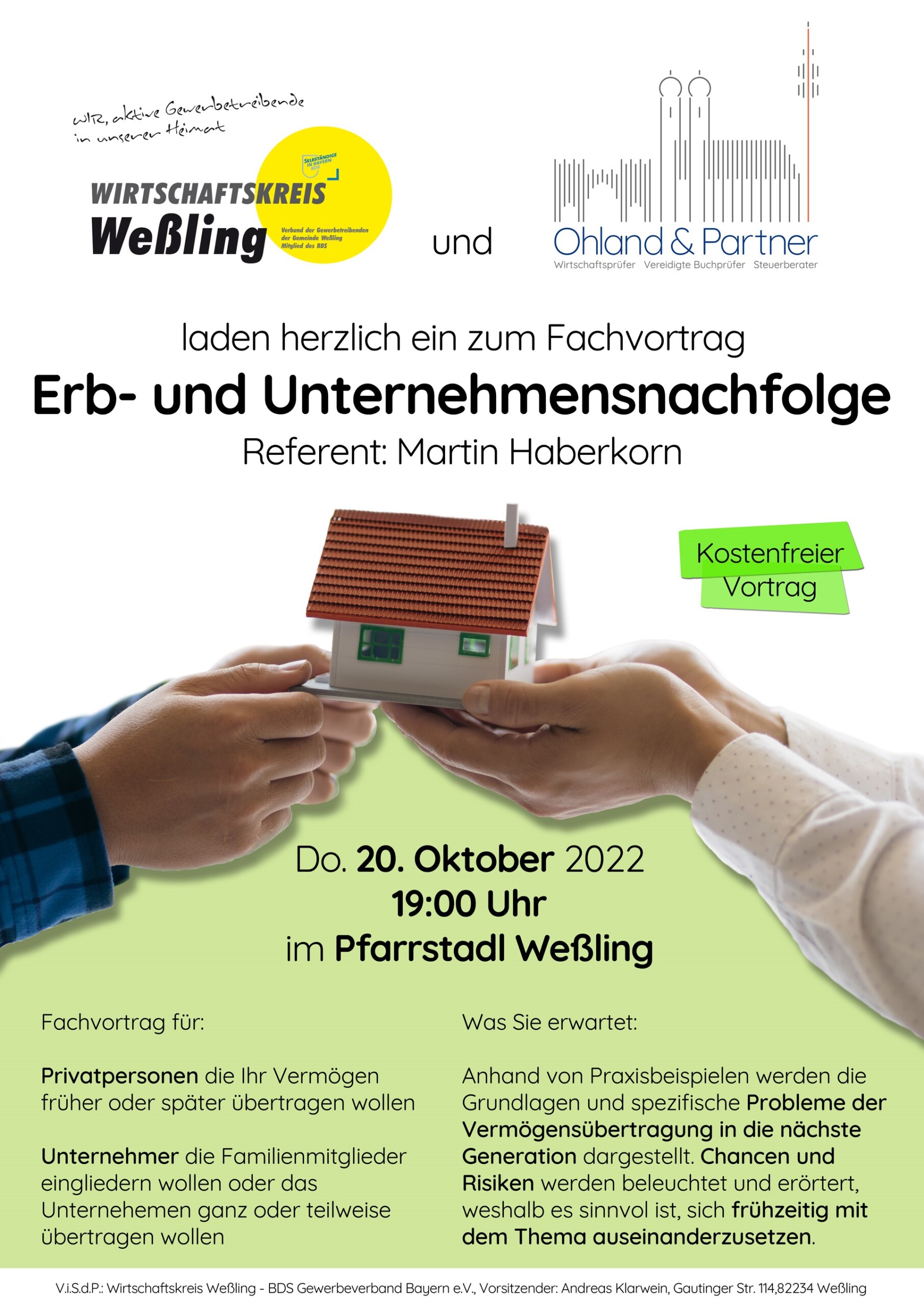 Read more about the article Vortrag zum Thema Erb- und Unternehmensnachfolge am 20.10.2022 um   19 Uhr im Pfarrstadl Weßling – Referent Martin Haberkorn